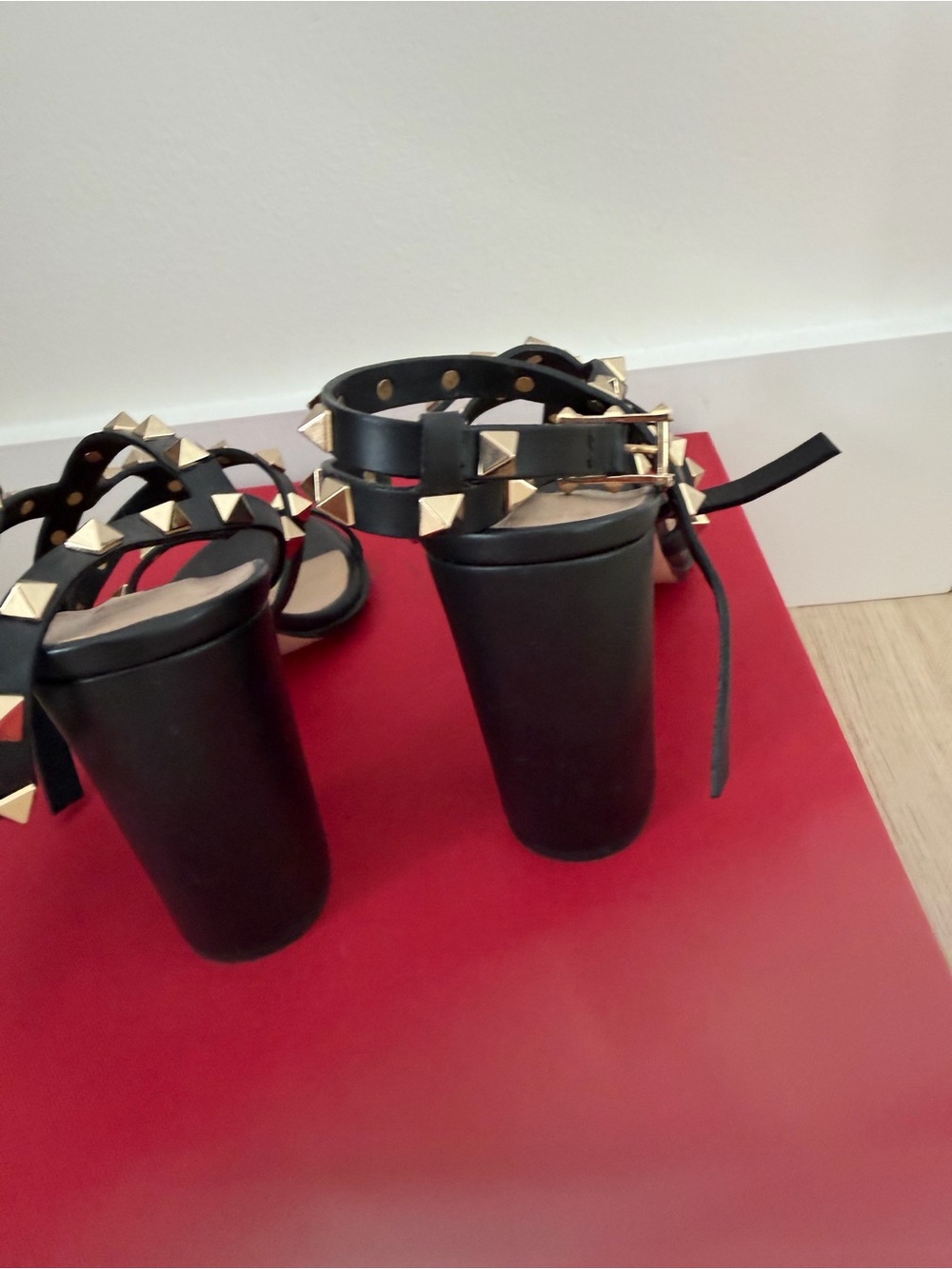 Valentino Black Leather Rockstud Strappy Heels with Gold Studs - Picture 4 of 7